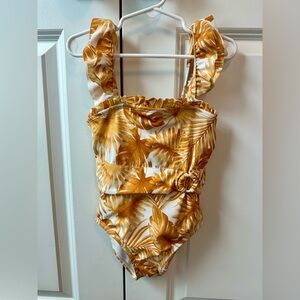 Janie and Jack Girls Golden Apricot Palm Belted Swimsuit (Size 5)